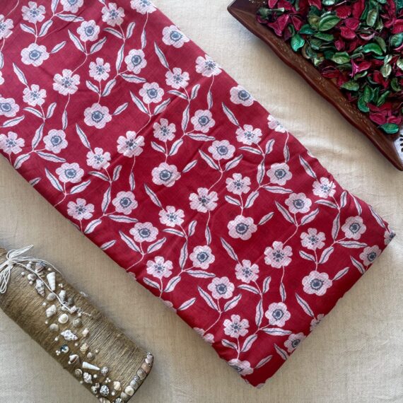 Red/White Floral Pure Muslin Printed Fabric