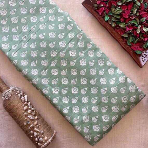 Pastel Green/White Floral Butti Pure Muslin with Lurex Line Printed Fabric