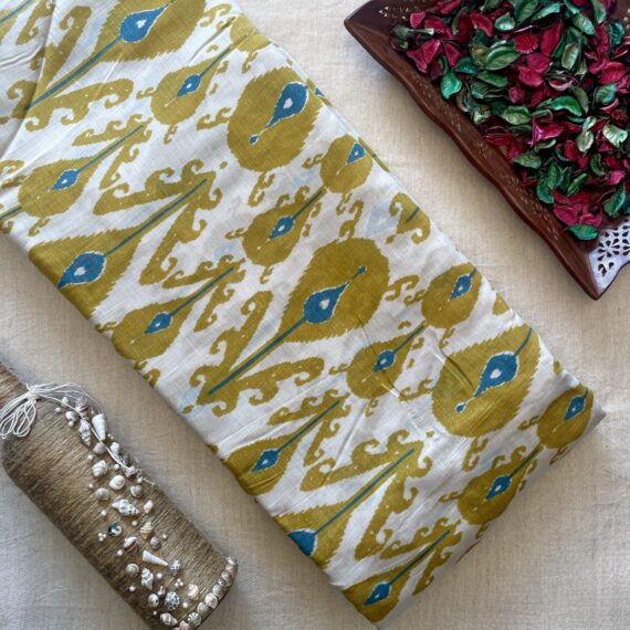 Olive Green/White Ikat Pure Muslin with Lurex Line Printed Fabric