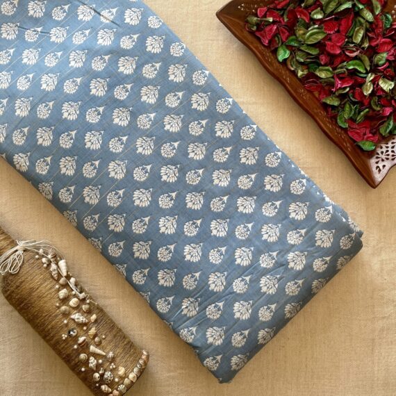 Blue Grey/White Floral Butti Pure Muslin with Lurex Line Printed Fabric