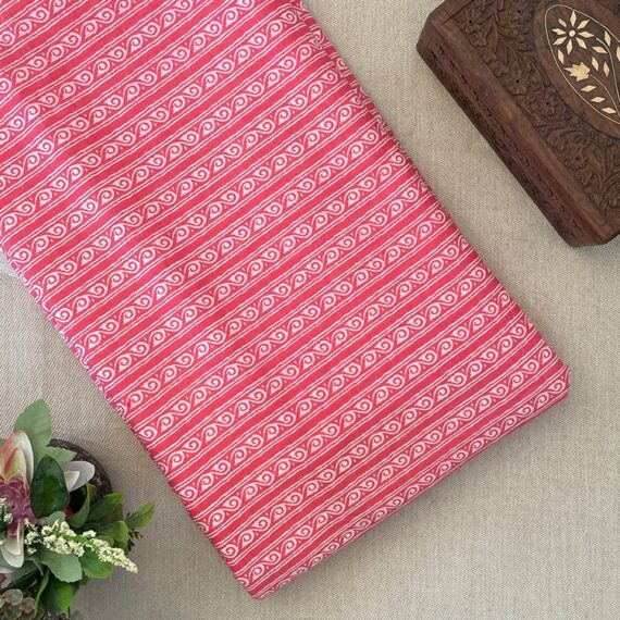 Pink Stripes with shells Sanganeri Pure Cotton Printed Fabric